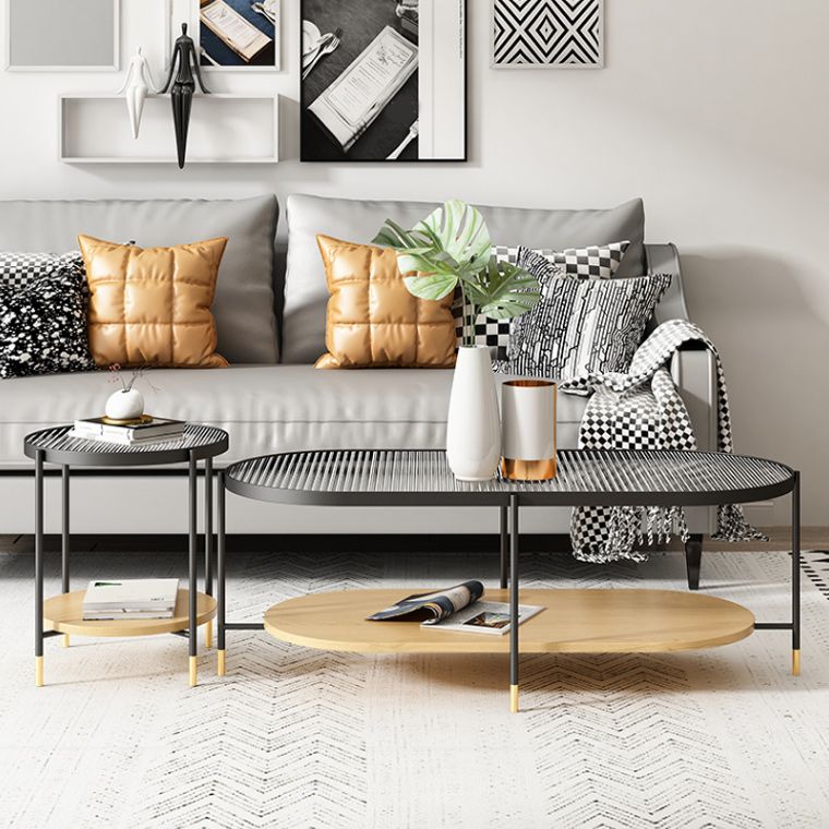 Modern 2 Piece Bunching Tables with Wooden Shelf and 4 Iron Legs Clearhalo 'Coffee & Accent Tables' 'Coffee Tables' 'coffee_tables' 'furn' 'furn_coffee_tables' 'Furniture' 'Living Room Furniture' 1200x1200_ad4cddd4-6383-4623-8c11-38f77c79d5b2