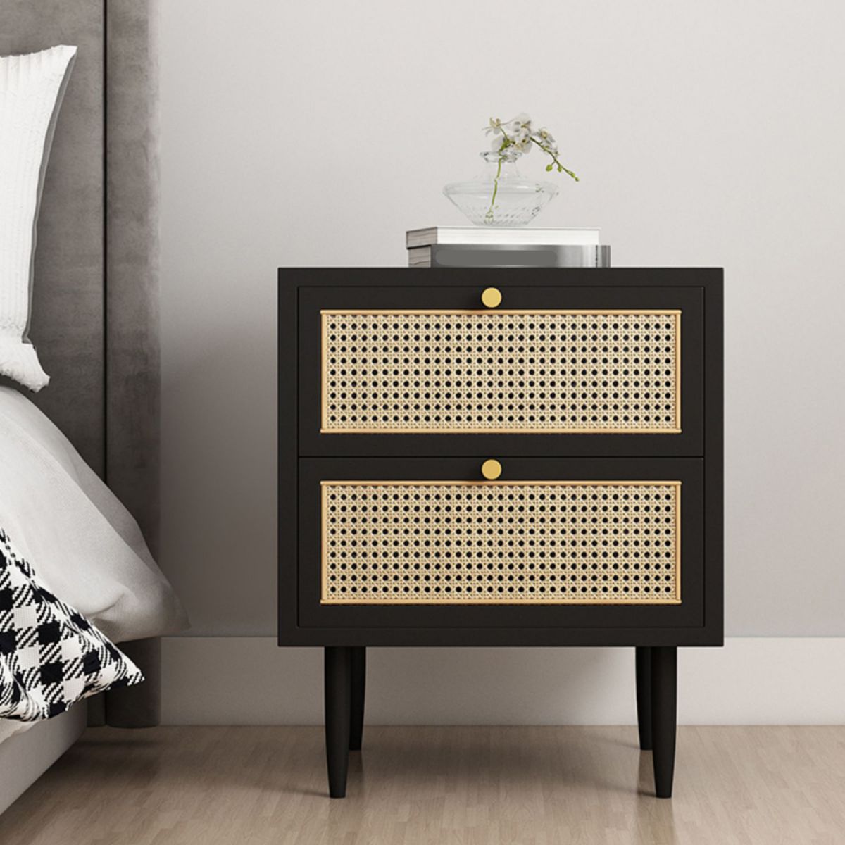Wicker & Rattan Modern Night Table Solid Wood 2-Drawer Storage Nightstand in Black/White Clearhalo 'Bedroom Furniture' 'furn' 'furn_night_stand' 'Furniture' 'night_stand' 'Nightstands' 1200x1200_ad576993-e07c-4370-8118-47eb6456f9ab
