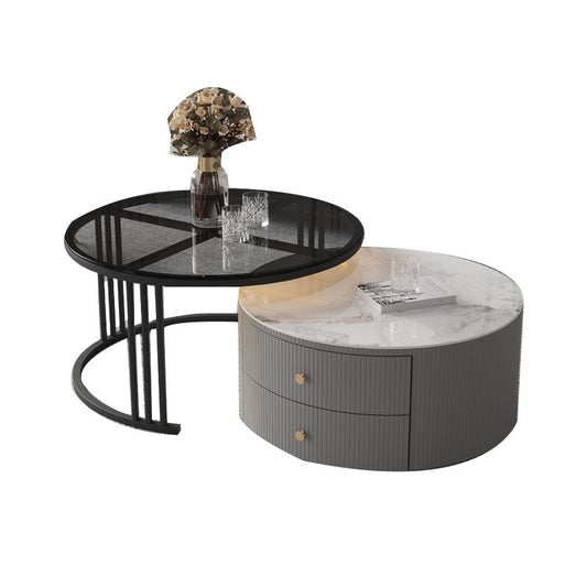 Contemporary Cocktail Table Round Glass / Slate Coffee Table with Drawers Clearhalo 'Coffee & Accent Tables' 'Coffee Tables' 'coffee_tables' 'furn' 'furn_coffee_tables' 'Furniture' 'Living Room Furniture' 1200x1200_ad671242-2f4e-4b1c-9ec0-5cbfff3861b7
