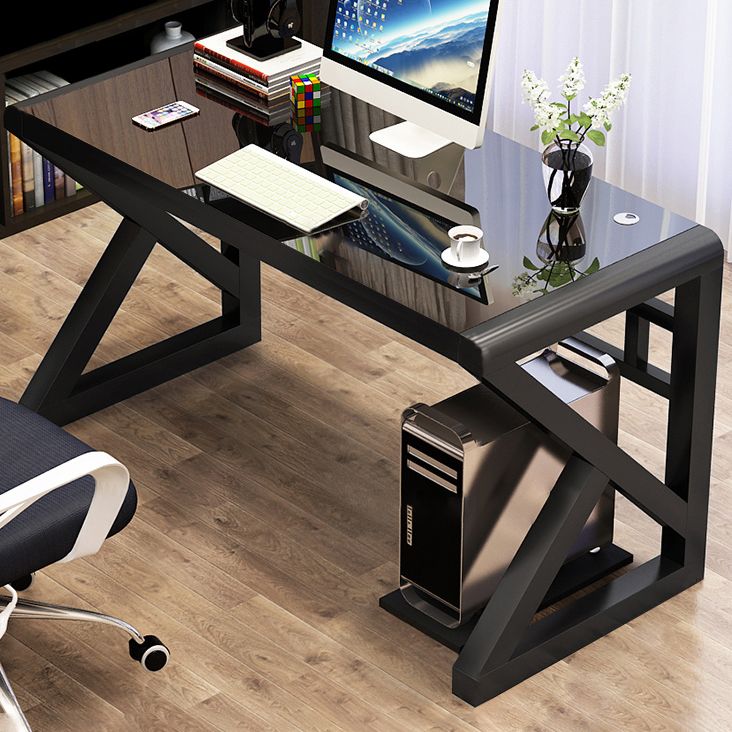 Contemporary Rectangular Computer Desk Toughened Glass Desktop Trestle Base Desk Clearhalo 'furn' 'furn_office_desk' 'Furniture' 'furniture_office_desk' 'Office Desks' 'Office Furniture' 'office_desk' 1200x1200_ad6d5d9b-ca01-40dc-8a89-647735f8acfe
