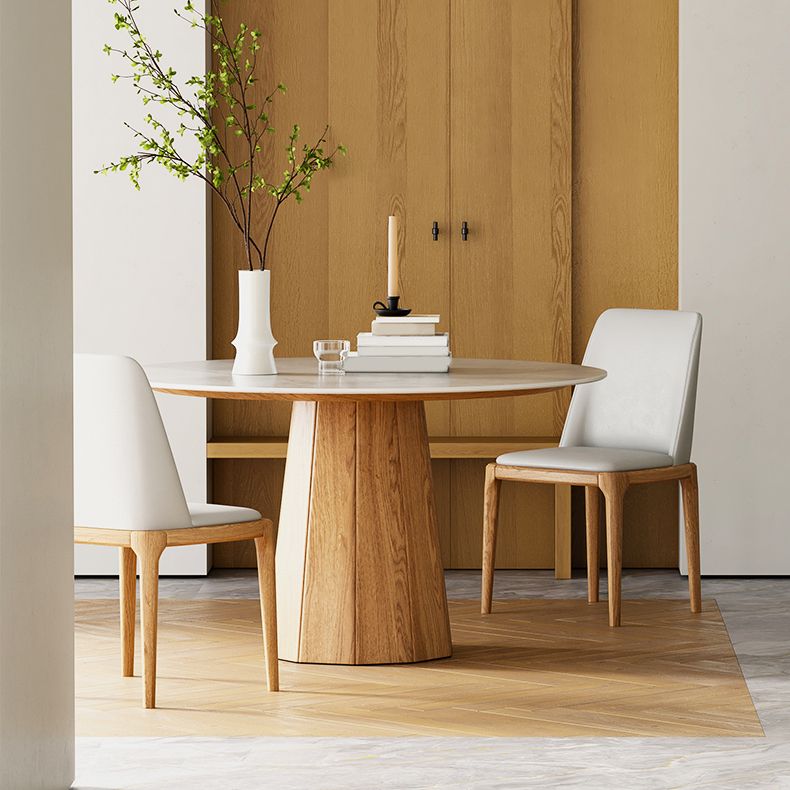 Modern Stone Top Dining Table Round Tabletop with Solid Wood Pedestal Base
