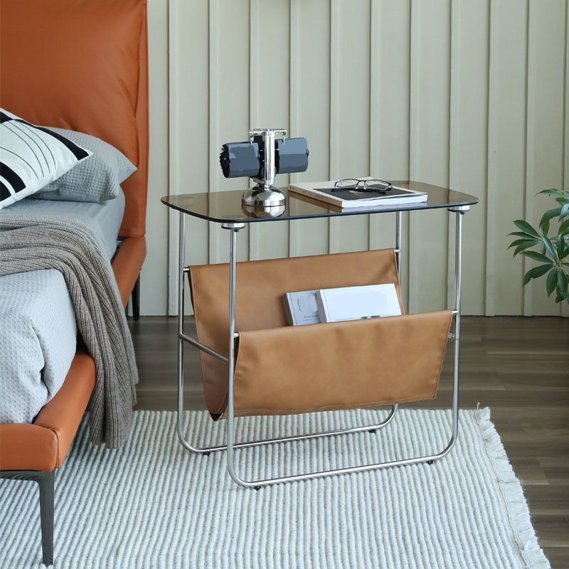 Modern Rectangle Glass Top Side Table 23.2" Tall Iron Sled Base End Table