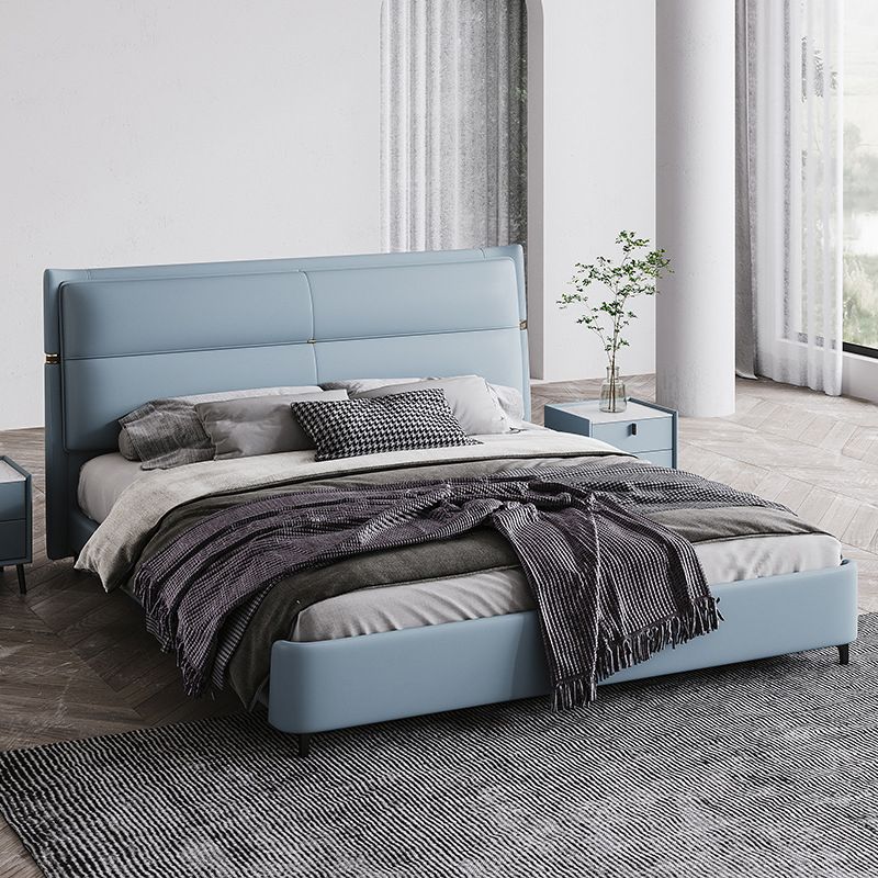 Lederen gestoffeerd rechthoekig paneelbed Standaard bedframe in blauw