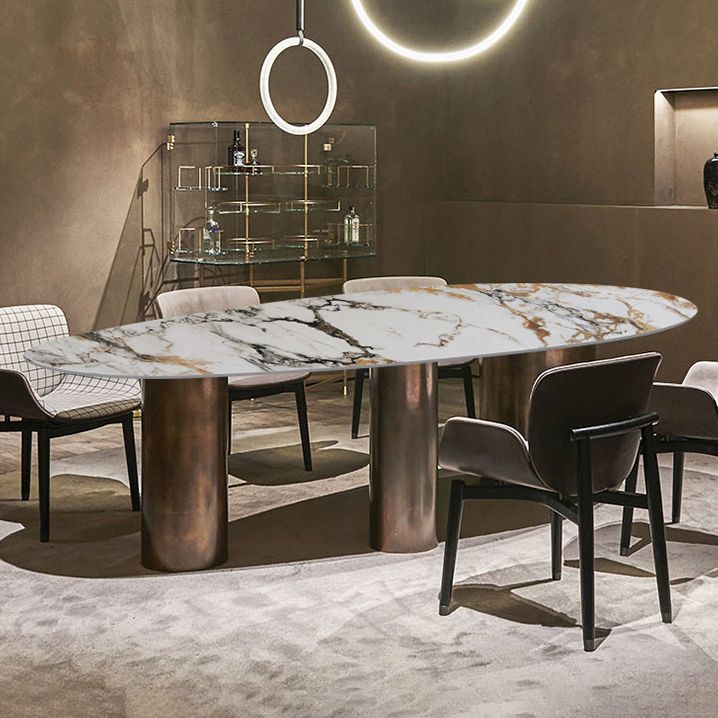 Oval Traditional Luxury Dining Table White Sintered Stone Table with 3 Gold Legs Clearhalo ' dining_table' 'Dining Tables & Seating' 'Dining Tables' 'furn' 'furn_dining_table' 'Furniture' 'furniture_dining_table' 'Kitchen & Dining Furniture' 'kitchen&dining_furn' 'kitchen' 'kitchen_dining_table' 1200x1200_ada96b08-cb21-48d5-ac74-0052199d7443