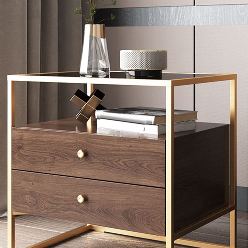 21.25" Tall Rectangular Glass Top Side Table Iron Frame 2-Drawer End Table