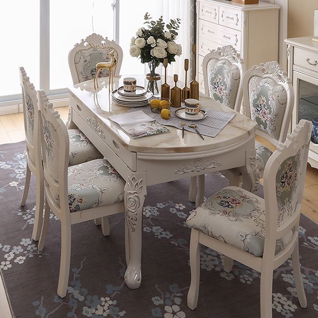 Round Faux Marble 4 Legs Dining Site Table in White with Drop-Leaf Clearhalo 'Dining Tables & Seating' 'Dining Tables' 'dining_table' 'furn' 'furn_dining_table' 'Furniture' 'Kitchen & Dining Furniture' 1200x1200_adbf75dd-03b5-44c6-9084-a74d23a78e16