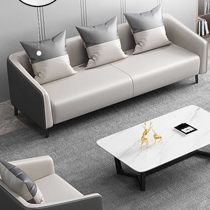 グレーコンテンポラリーソファフェイクレザータキシードアームソファ枕と