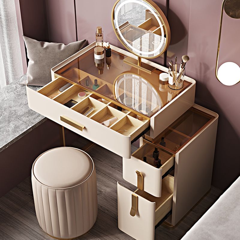 Tavolo da vanità in vetro in legno massiccio set con sgabello e specchio da 25,59 "w a 3-catrawer trucco