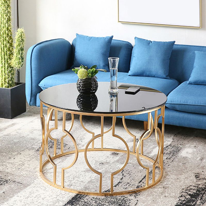 Contemporary Round Glass Coffee Table Brass Metal Frame 1 Single Cocktail Table Clearhalo 'Coffee & Accent Tables' 'Coffee Tables' 'coffee_tables' 'furn' 'furn_coffee_tables' 'Furniture' 'Living Room Furniture' 1200x1200_ae066c96-1b48-4e0f-85bb-d84bdff80337