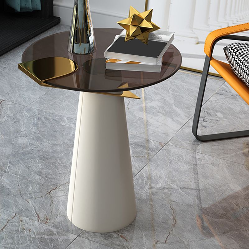Modern Round Glass Top Side Table 21.65" Tall Leather Pedestal End Table