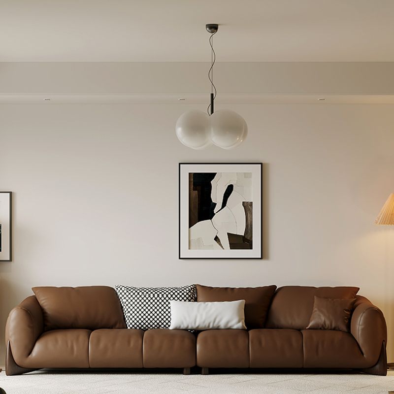 Genuine Leather Square Arm Sofa in Brown Simple Standard Sofa with Pillows