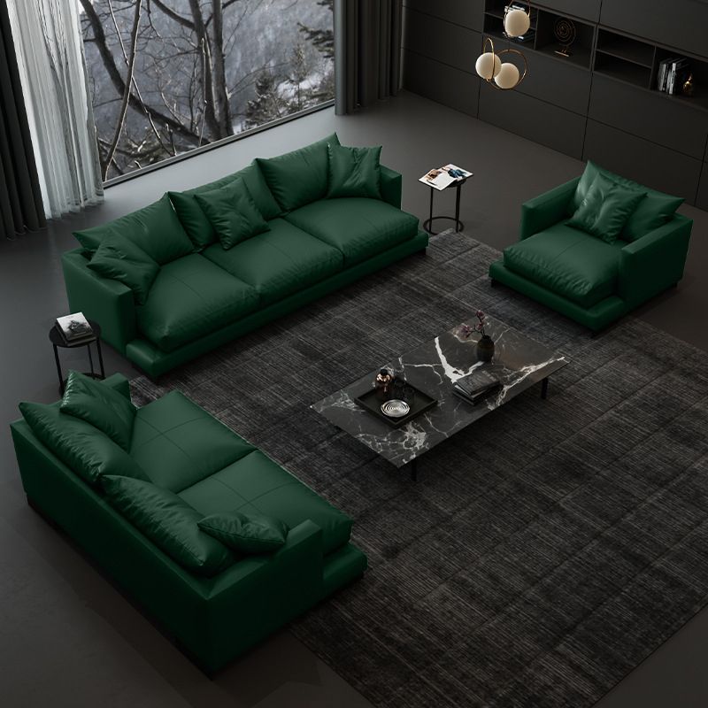 Forest Green Genuine Leather Square Arm Settee Furniture with Pillows Clearhalo 'furn' 'furn_sectionals' 'Furniture' 'furniture_sectionals' 'kitchen' 'kitchen_sectionals' 'Living Room Furniture' 'Sectionals' 1200x1200_ae5d4855-c03f-4aae-a907-95a34fa3cf5a