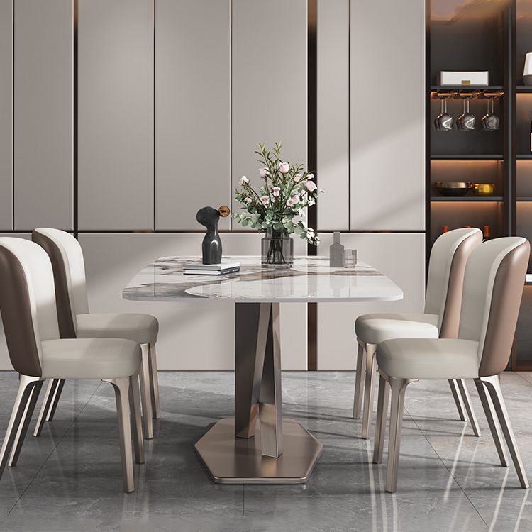 Contemporary Style Sintered Stone Dining Table with White Fixed Table and Trestle Base for Home Use Clearhalo 'Dining Room Sets' 'Dining Tables & Seating' 'dining_room_set' 'furn' 'furn_dining_room_set' 'Furniture' 'furniture_dining_room_set' 'Kitchen & Dining Furniture' 'kitchen&dining_furn' 'kitchen' 1200x1200_ae630a75-5a01-42c2-9cc6-9b68dd2361e0