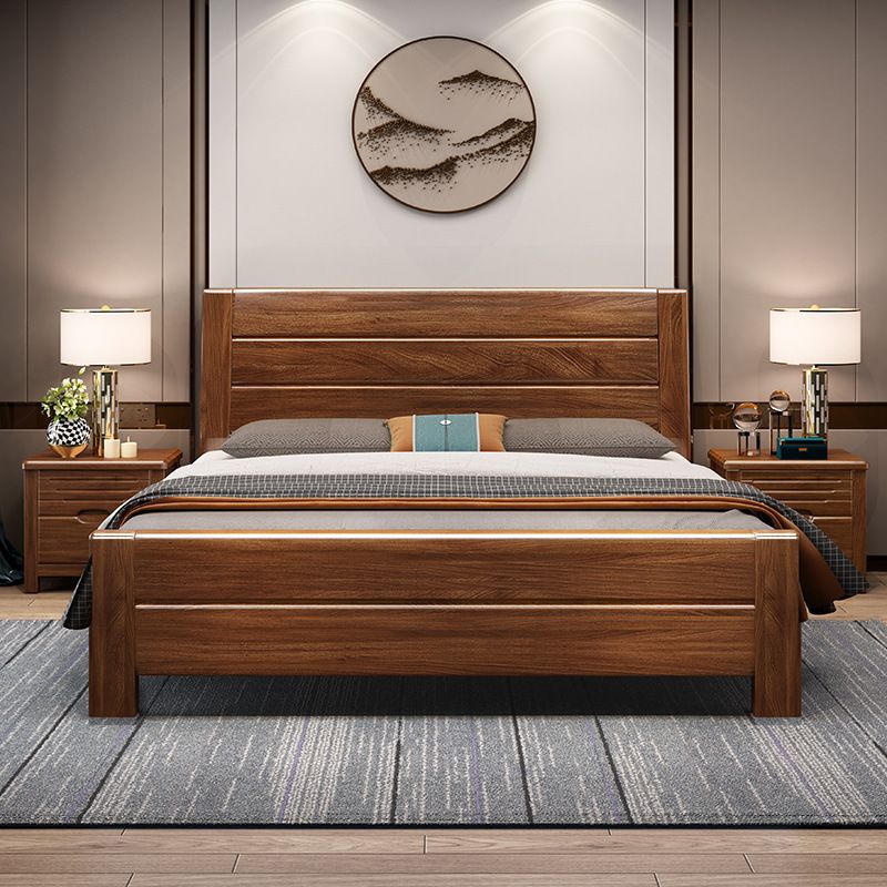 Walnut Solid Color Panel Bed Mid-Century Modern Standard Bed with Headboard