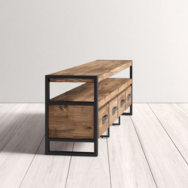 Brown Media Console mit Regalen Industriekiefern Holz Top -TV -Medienstand