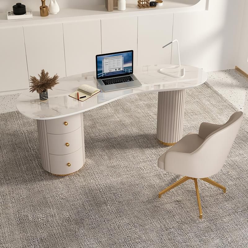 23" Wide Glam Executive Desk White 3-drawer Office Desk with Metal Legs Clearhalo 'furn' 'furn_office_desk' 'Furniture' 'Office Desks' 'Office Furniture' 'office_desk' 1200x1200_ae87ef7f-20d3-40b3-9e0d-d5ad1f737f9c