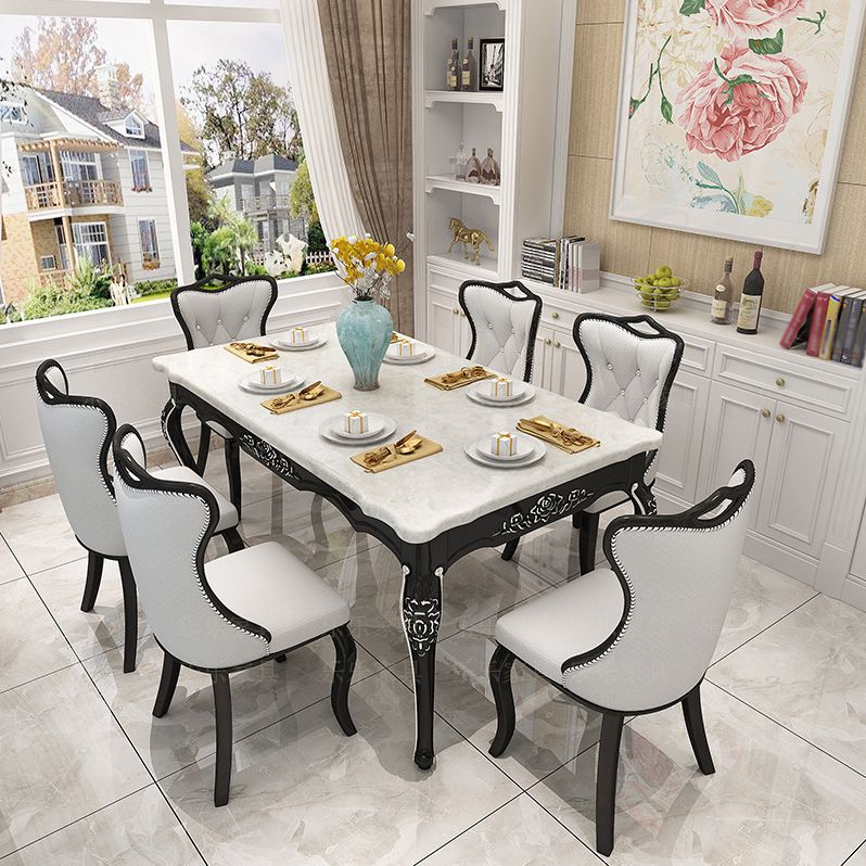 Victorian Style Marble Dining Set with White Rectangle Table and 4 Black Legs Base for Home Use Clearhalo 'Dining Room Sets' 'Dining Tables & Seating' 'dining_room_set' 'furn' 'furn_dining_room_set' 'Furniture' 'furniture_dining_room_set' 'Kitchen & Dining Furniture' 'kitchen&dining_furn' 'kitchen' 1200x1200_aea9c446-9ad0-48ec-91ea-028fb1cd53d8