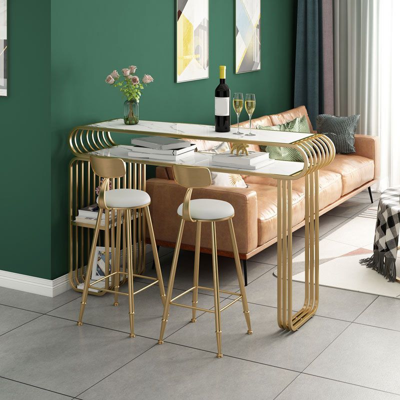 Stone Top Bar Counter Contemporary Bar Counter with Sled Base in Gold