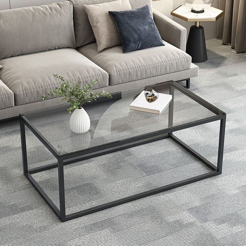 17.7" Tall Modern Steel Frame Base Glass Rectangular Table Top Coffee Table Clearhalo 'Coffee & Accent Tables' 'Coffee Tables' 'coffee_tables' 'furn' 'furn_coffee_tables' 'Furniture' 'furniture_coffee_tables' 'Living Room Furniture' 1200x1200_aecba499-ae42-424c-8f90-a24e8109c3bc