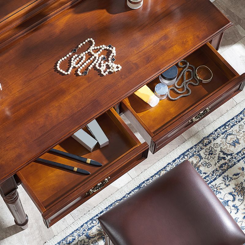 Set di vanità in legno massiccio marrone con set di sgabelli da 17,71 "con 2-cassetti