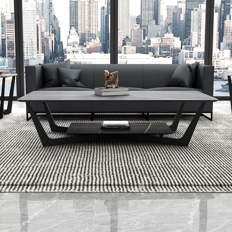 Rectangle Stone Top Cocktail Table with Cross Leg and Storage Shelf