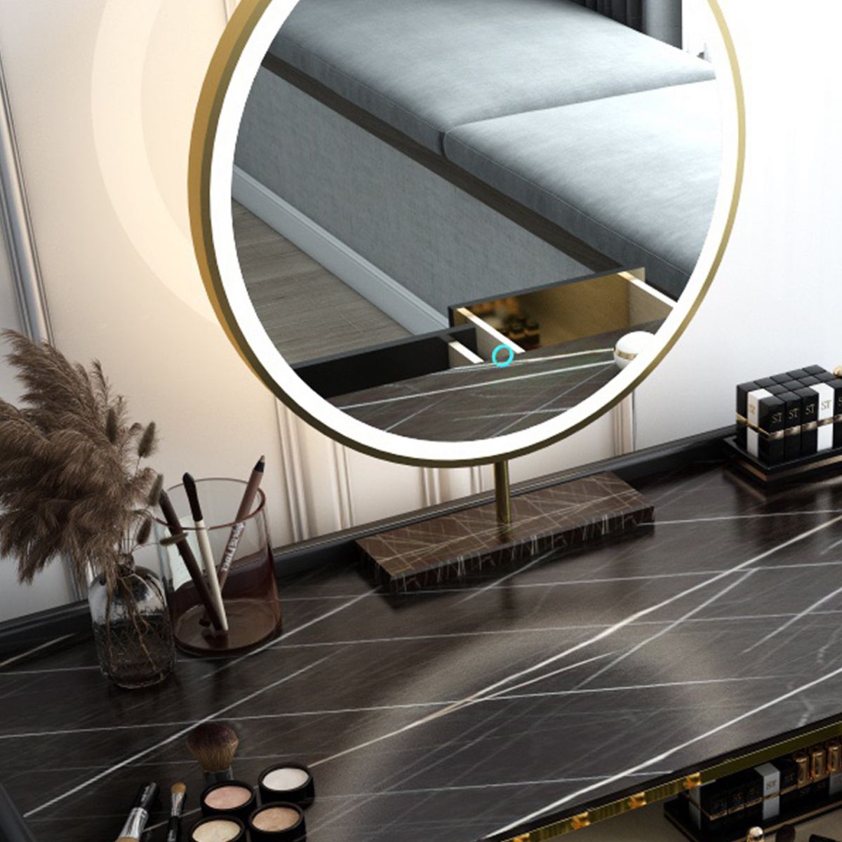 Glam houten framekrandtafel leisteen top ijdelheid met laden