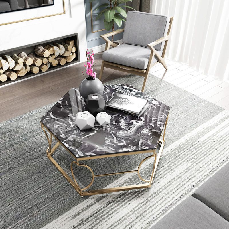 Glass & Marble Hexagon Coffee Table Modern Style Frame Cocktail Table