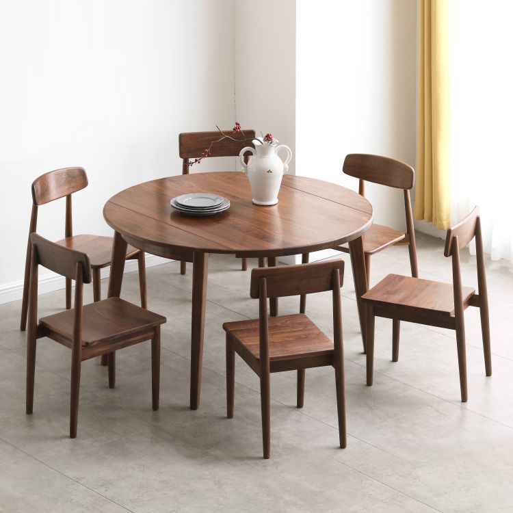 Modern Round Retractable Walnut Top Dining Table with 4 Brown Legs