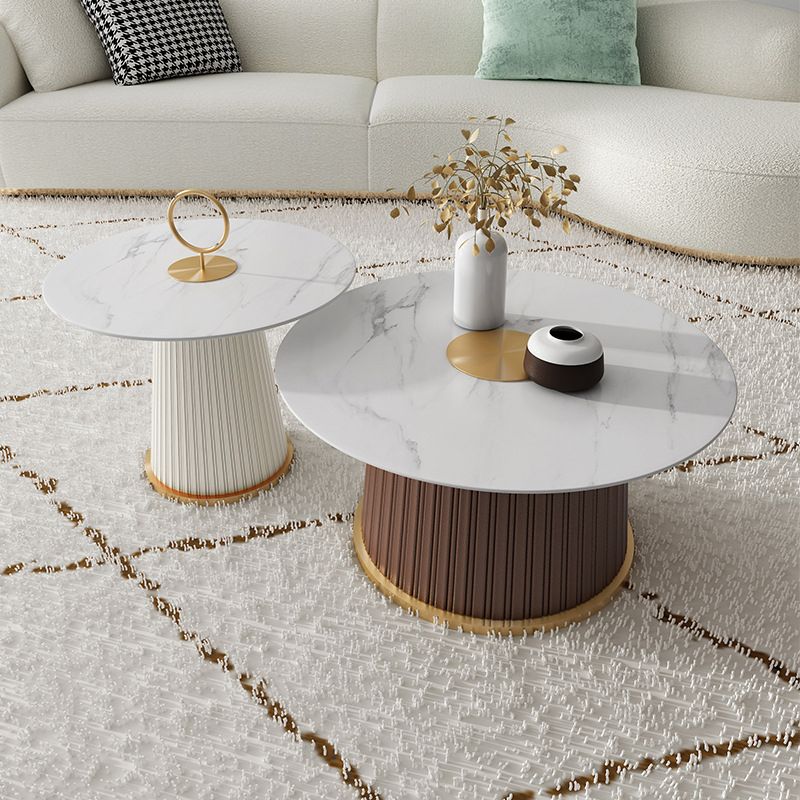 Modern Style Round Coffee Table with Drum Base Metal Design Rock Plate Top