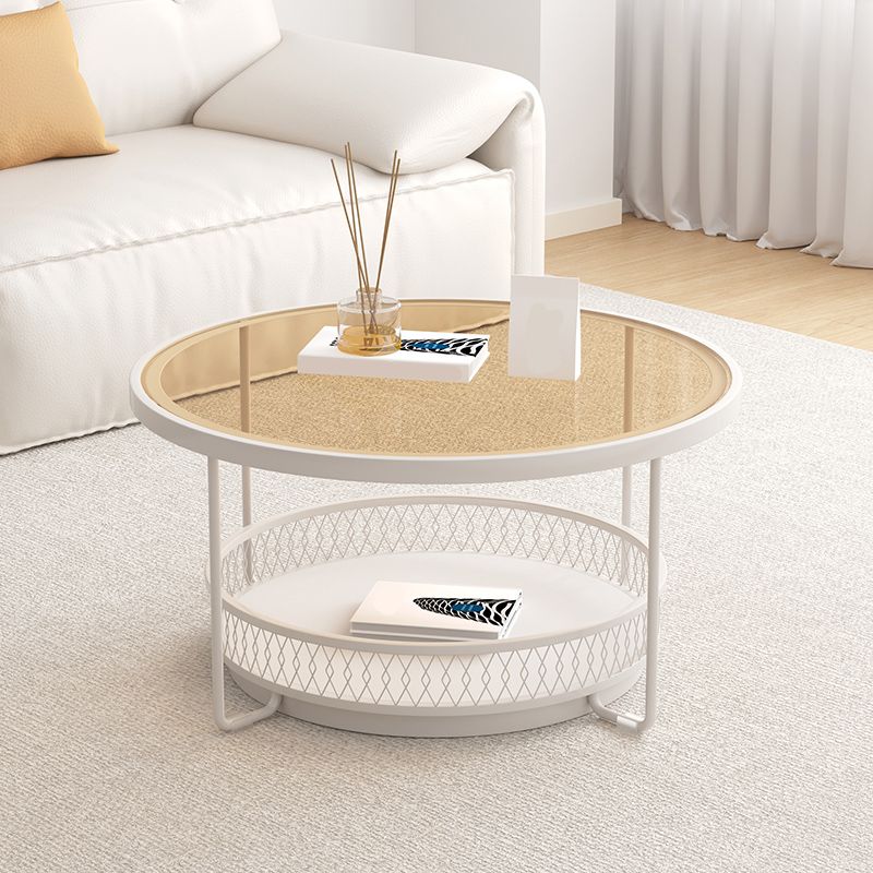 Iron 4 Legs Cocktail Table Round Glass Top Coffee Table with Shelf Clearhalo 'Coffee & Accent Tables' 'Coffee Tables' 'coffee_tables' 'furn' 'furn_coffee_tables' 'Furniture' 'Living Room Furniture' 1200x1200_af7af461-3492-4696-a093-f5b396225c74