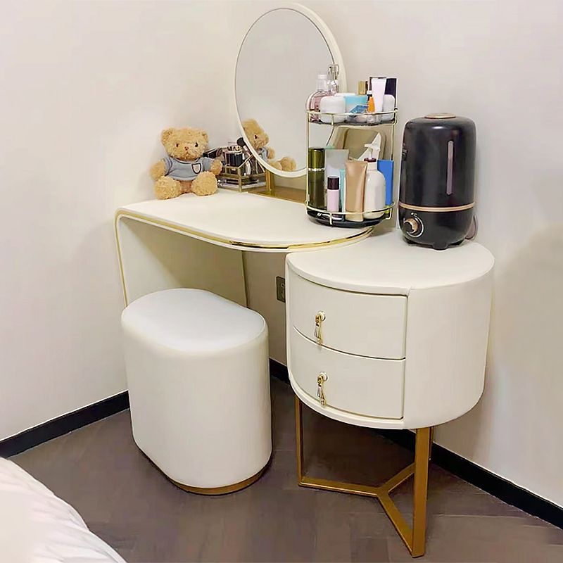 Vanidad de 2 cajones con taburetes y espejo Mesa de tocador de maquillaje de cuero genuino para mujeres
