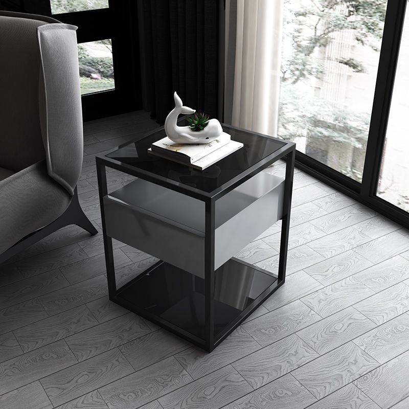 21.2" Tall Modern Rectangular Glass Top Side Table Iron Frame End Table with Storage