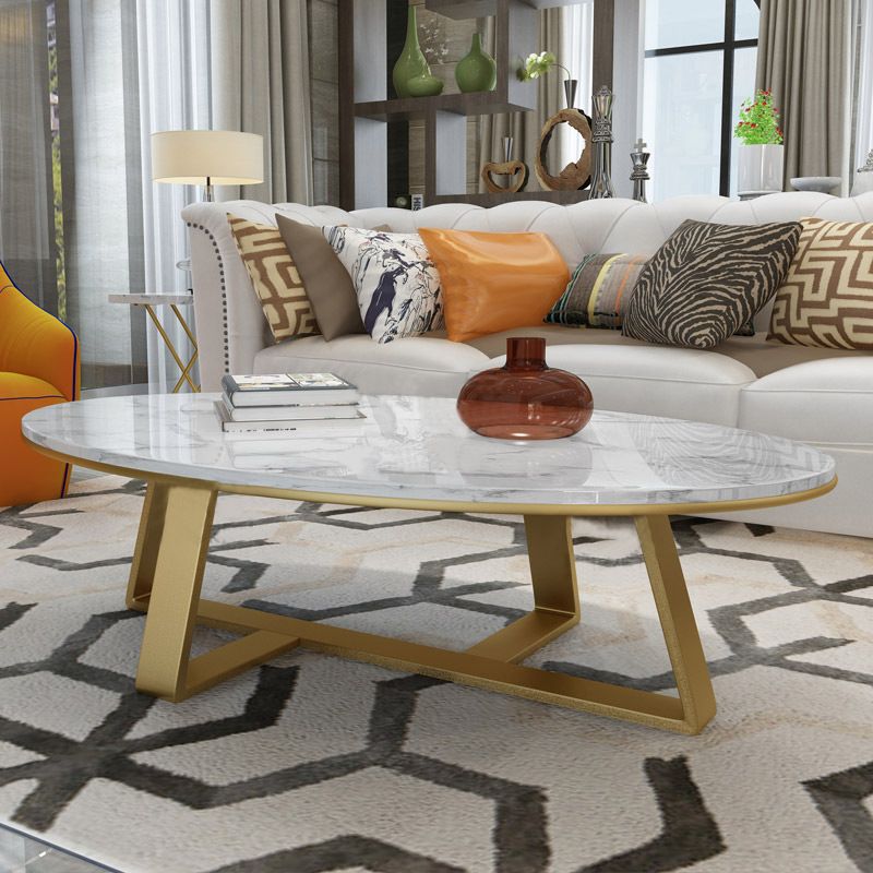 Oval Marble Top Coffee Table with Iron Cross Base Cocktail Table in White Clearhalo 'Coffee & Accent Tables' 'Coffee Tables' 'coffee_tables' 'furn' 'furn_coffee_tables' 'Furniture' 'Living Room Furniture' 1200x1200_afb0d878-648c-4bc0-9e9b-f45aeee85f1e
