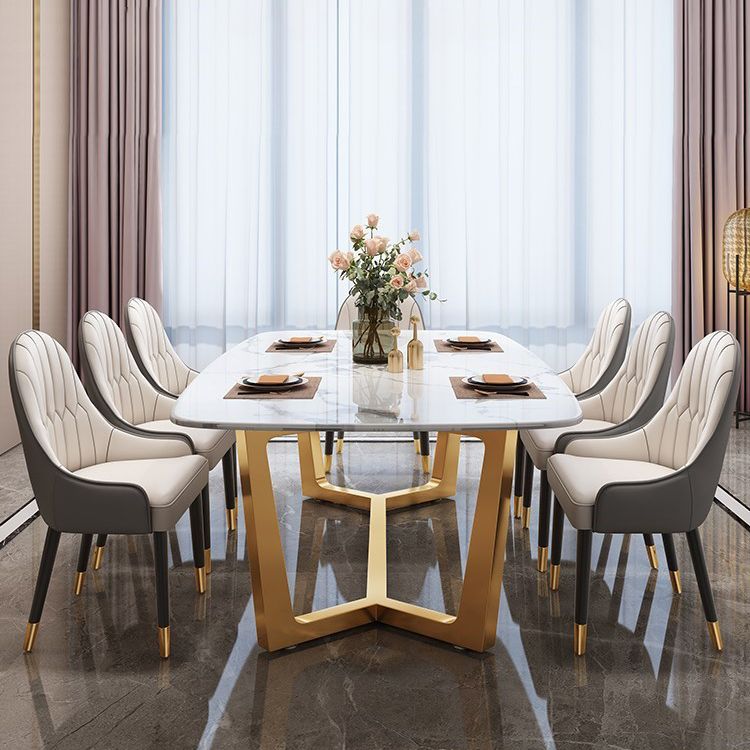 Rectangle Trestle Base Dining Table Glam Style Stone Kitchen Desk Clearhalo 'Dining Tables & Seating' 'Dining Tables' 'dining_table' 'furn' 'furn_dining_table' 'Furniture' 'Kitchen & Dining Furniture' 1200x1200_afb76b35-dc2b-4288-95a0-2e2a571b3747
