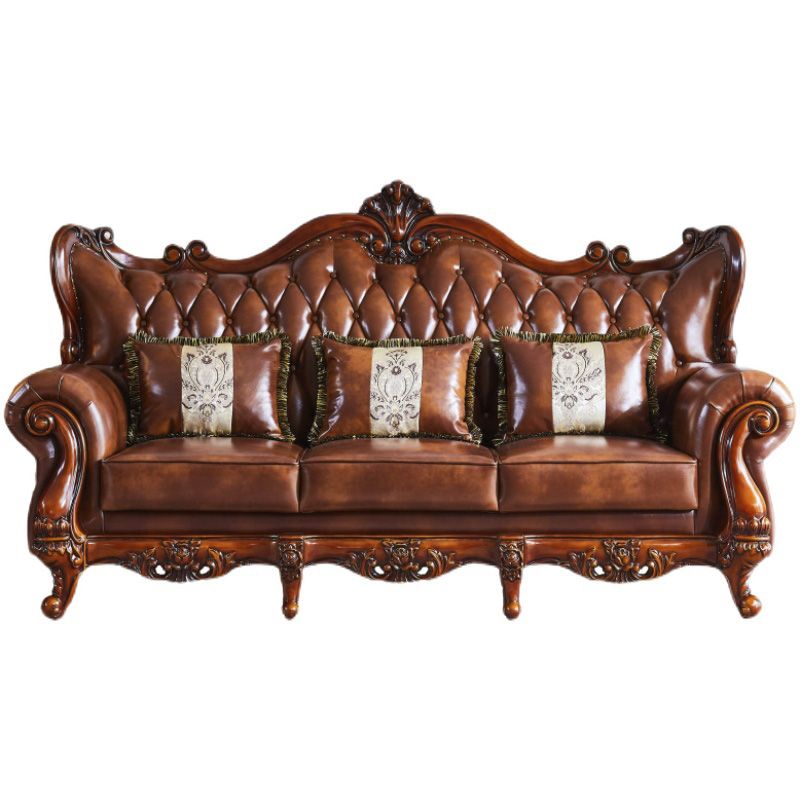 茶色の枕が付いた伝統的な房状のスプリットバック座席フレアアームソファ