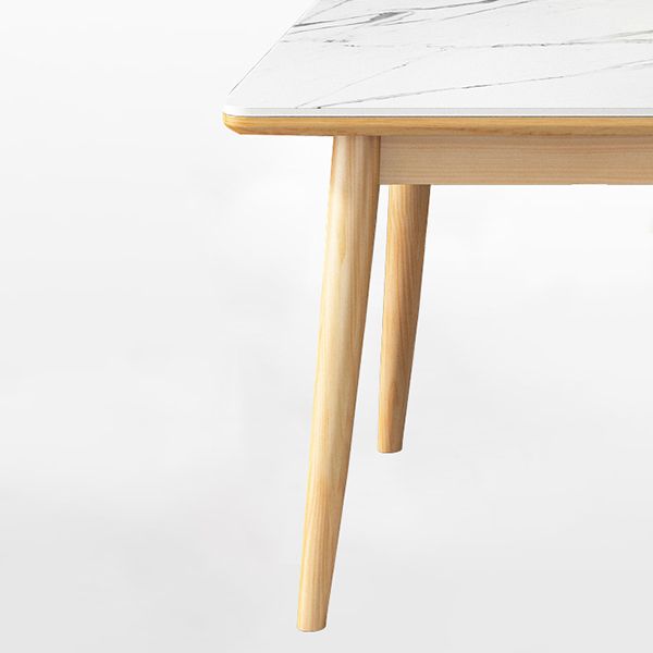 Modern White Rectangle Stone Dining Table with Solid Wood Legs
