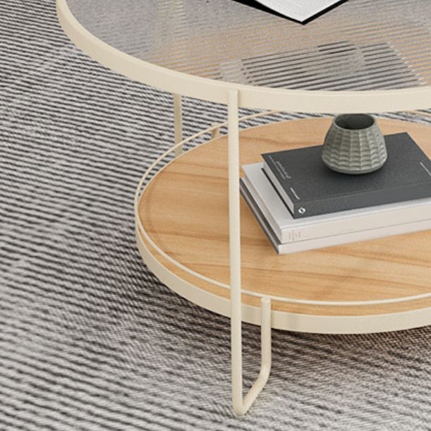 Modern Round Glass Top Cocktail Table with Wooden Shelf and Iron Base
