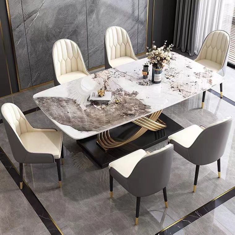 Mesa de comedor estilo Glam, mesa rectangular de piedra sinterizada con patas de metal para el hogar