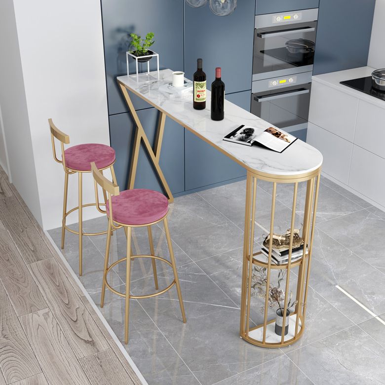 Stone Indoor Glam Bar Dining Table Gold Iron Double Pedestal Bistro Table with Shelve Clearhalo 'Bar Furniture' 'Bar Tables' 'bar_tables' 'furn' 'furn_bar_tables' 'Furniture' 'furniture_bar_tables' 'Kitchen & Dining Furniture' 'kitchen&dining_furn' 'kitchen' 1200x1200_b003ee81-8da6-42da-aedb-4b0641c964ef