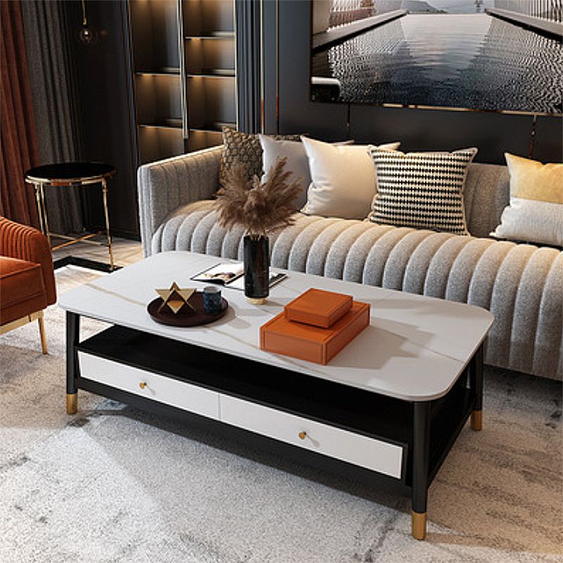 2 - Drawer and 1 - Shelf Coffee Table Rectangular Slate 4 Legs Cocktail Table Clearhalo 'Coffee & Accent Tables' 'Coffee Tables' 'coffee_tables' 'furn' 'furn_coffee_tables' 'Furniture' 'Living Room Furniture' 1200x1200_b03beecb-c930-4076-aedd-ea408b010bb2