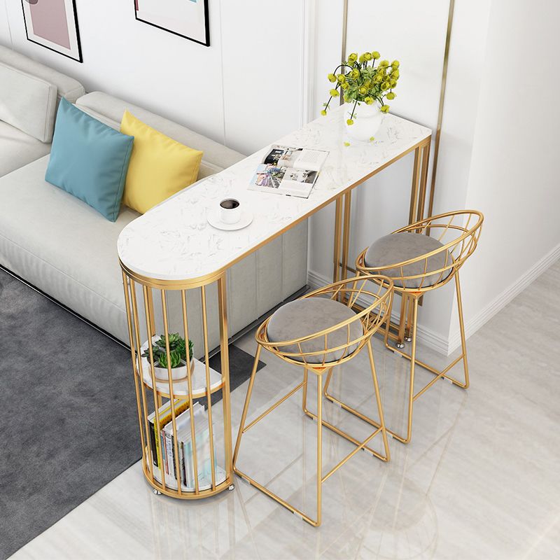 Glam White Faux Marble Pub Bar Table Gold Iron Double Pedestal Bar Dining Table with Shelf Clearhalo 'Bar Furniture' 'Bar Tables' 'bar_tables' 'furn' 'furn_bar_tables' 'Furniture' 'furniture_bar_tables' 'Kitchen & Dining Furniture' 1200x1200_b04eb469-e75a-4789-845c-a39bf8be5ce9