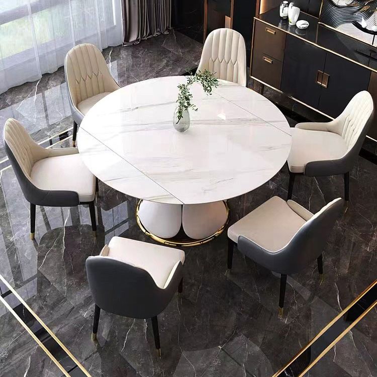 Glam Sintered Stone Extendable Table Round Shape Kitchen Dining Table with Pedestal Base Clearhalo ' dining_table' 'Dining Tables & Seating' 'Dining Tables' 'furn' 'furn_dining_table' 'Furniture' 'furniture_dining_table' 'Kitchen & Dining Furniture' 'kitchen&dining_furn' 'kitchen' 'kitchen_dining_table' 1200x1200_b057a66f-3c83-4cc5-aab4-f601b201be6c