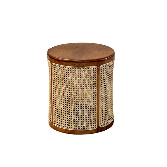 18.11 "トールウッドラウンドトップサイドテーブルストレージ付きドラムベースエンドテーブル