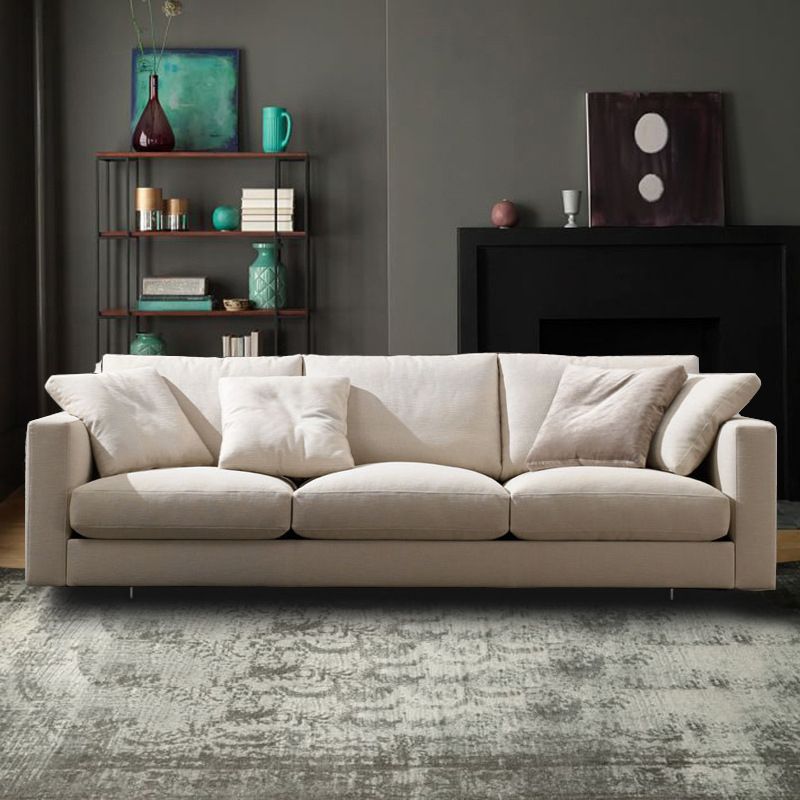 White Slipcovered Fabric Settee Recessed Arm Sofa with Pillows Clearhalo 'furn' 'furn_sofas' 'Furniture' 'furniture_sofas' 'kitchen' 'kitchen_sofas' 'Living Room Furniture' 'Sofa' 'sofas' 1200x1200_b091b1ab-1165-41af-b779-6d61413d5724