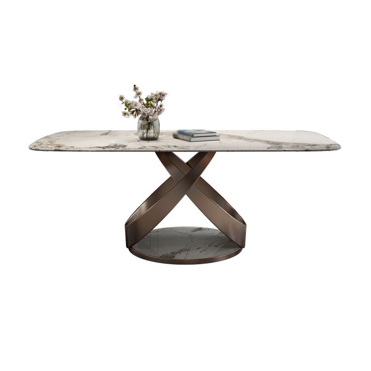 Modern Style Traditional Height Dining Set with Fixed Rectangle Shape Table and Gold Trestle Base Clearhalo 'Dining Room Sets' 'Dining Tables & Seating' 'dining_room_set' 'furn' 'furn_dining_room_set' 'Furniture' 'furniture_dining_room_set' 'Kitchen & Dining Furniture' 'kitchen&dining_furn' 'kitchen' 1200x1200_b0b4551e-56d4-42fa-a5f4-fe80837469c2