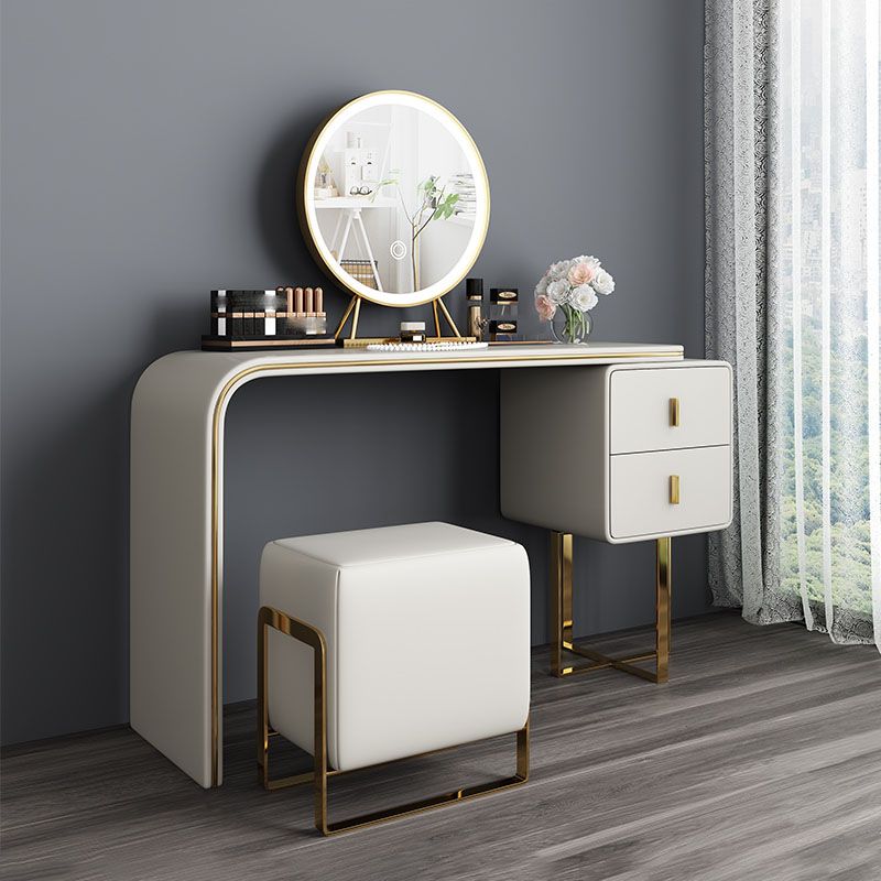 Glam Makeup Vanity Table Faux Leather Wood Dresser With Storage Drawers for Bedroom