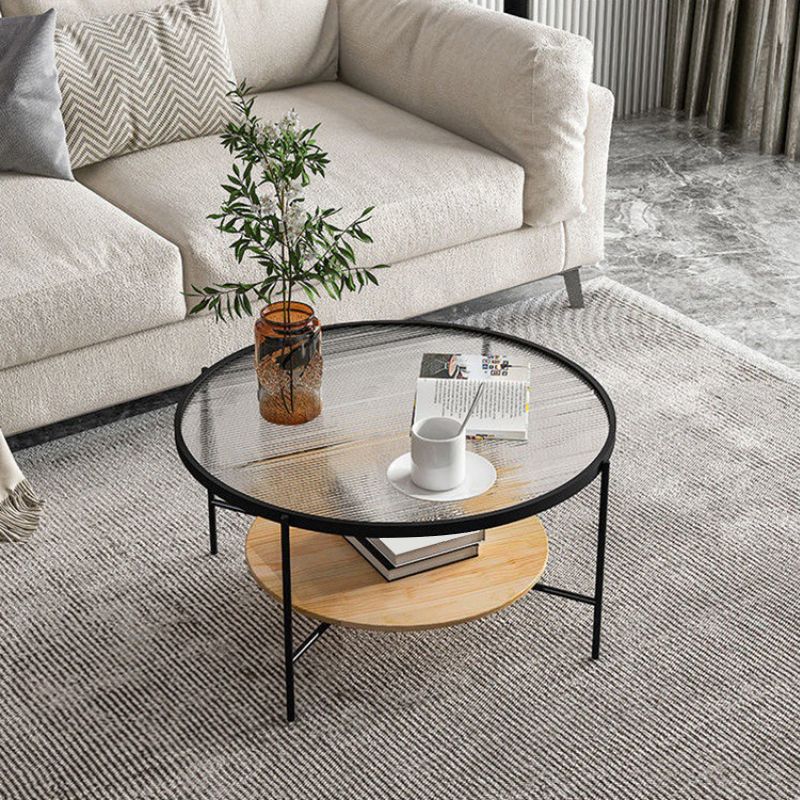 17.7" Tall Modern Cross Leg Glass Round Coffee Table with Shelf Clearhalo 'Coffee & Accent Tables' 'Coffee Tables' 'coffee_tables' 'furn' 'furn_coffee_tables' 'Furniture' 'furniture_coffee_tables' 'Living Room Furniture' 1200x1200_b0d6d7d7-82d7-411a-b6f5-e233764acd58