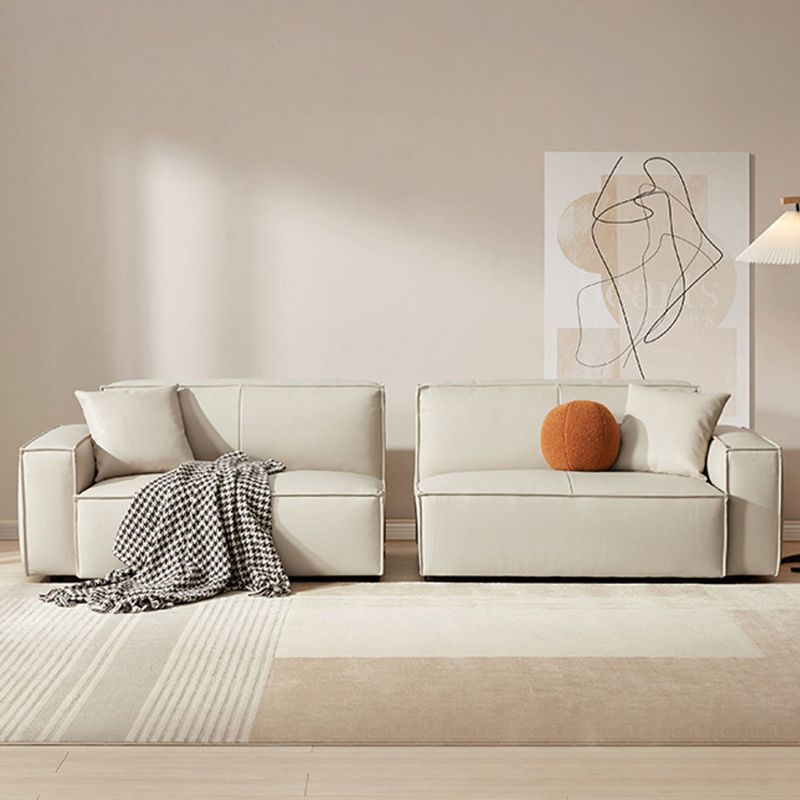 Solid Color Genuine Leather Bonus Room Square Arm 3-seater Sofa