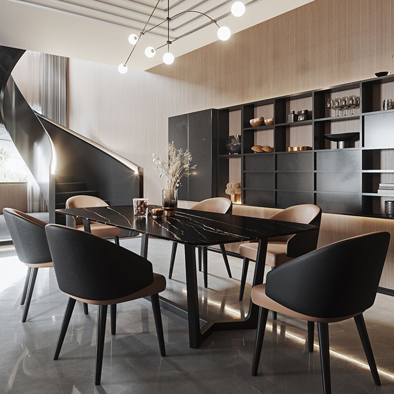 Industrial Sintered Stone Table for Restaurant Rectangle Black Table with Trestle Base Clearhalo 'Dining Tables & Seating' 'Dining Tables' 'dining_table' 'furn' 'furn_dining_table' 'Furniture' 'Kitchen & Dining Furniture' 1200x1200_b0f593af-96d9-4229-b0a4-5783c7f33b38