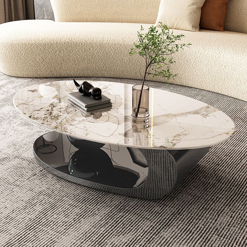 Elliptical Stone Glam Abstrakter Kaffee-Cocktailtisch mit Bodenregal